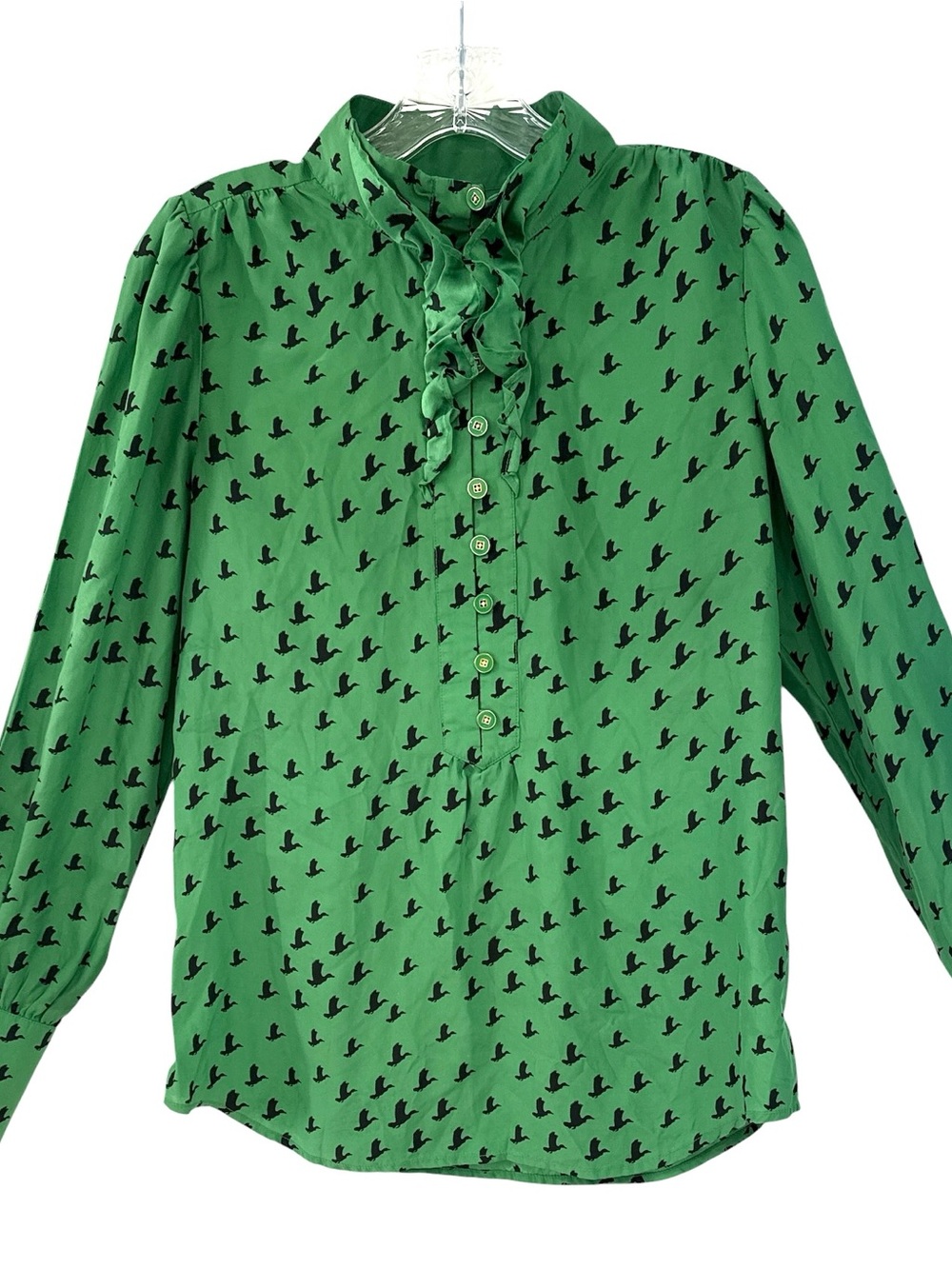 VTG Juicy Couture Silk Cottagecore Ruffled Bird Print Blouse Green Sz 8